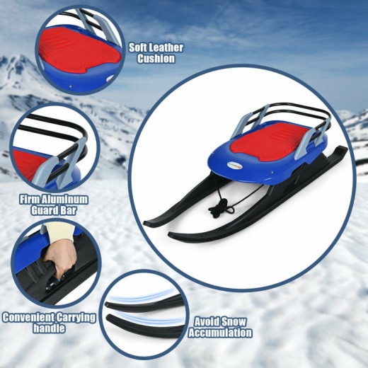 Folding Kids' Metal Snow Sled With Pull Rope Snow Slider And Leather Seat