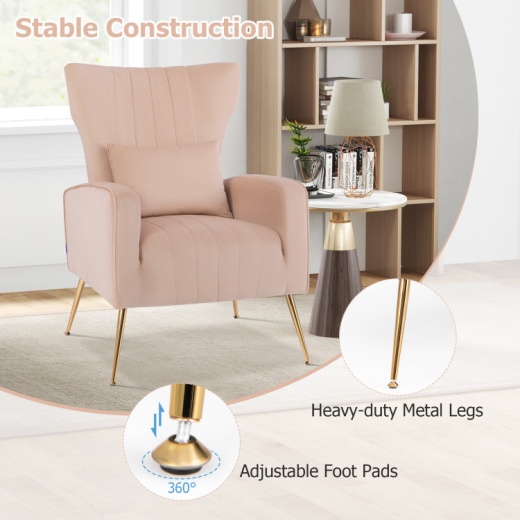 Velvet Upholstered Wingback Chair With Lumbar Pillow And Golden Metal Legs-Pink