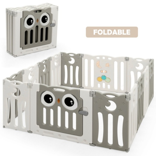 14-Panel Baby Playpen Kids Activity Center Foldable Play Yard With Lock Door-Beige