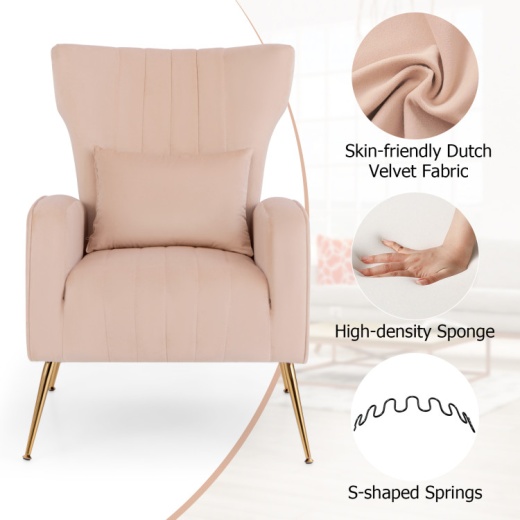 Velvet Upholstered Wingback Chair With Lumbar Pillow And Golden Metal Legs-Pink
