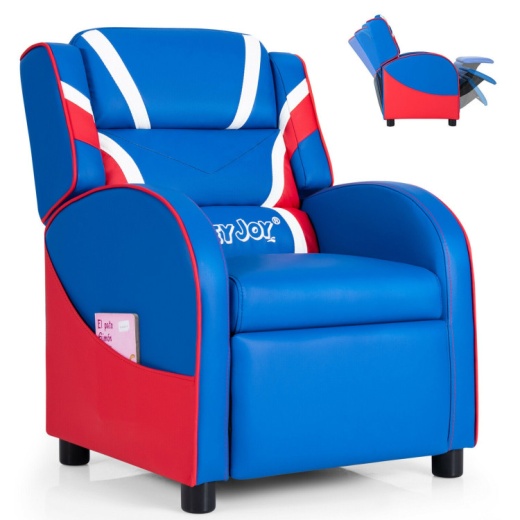 Kids Leather Recliner Chair With Side Pockets-Blue