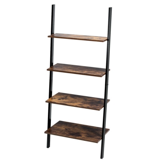 Multipurpose 4-Tier Industrial Leaning Wall Bookcase With Metal Frame-Brown