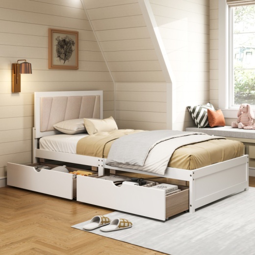 Solid Wood Structure Bed Frame With 2 Drawers Upholstered Headboard-Twin Size