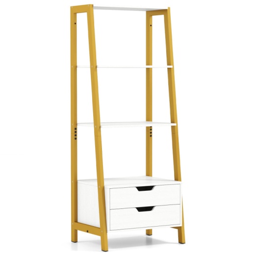 4-Tier Ladder Shelf With 2 Drawers 52.5 Inch Tall Freestanding Bookcase-White
