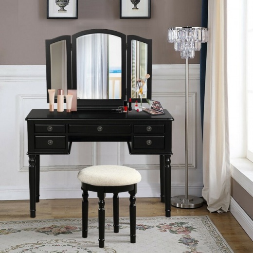 Tri-Fold Mirror Wooden Vanity Set Makeup Dressing Table with Stool and 5 Drawers - Black