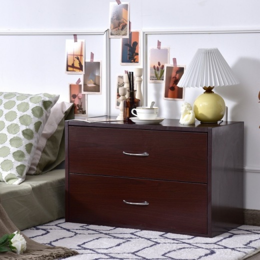 2-Drawer Dresser Horizontal Organizer End Table Nightstand with Handle Wood