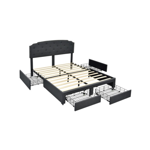 Upholstered Bed Frame With 4 Storage Drawers And Adjustable Button-Tufted Headboard