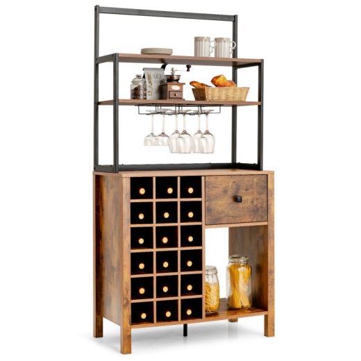 Kitchen Bakers Rack Freestanding Wine Rack Table With Glass Holder And Drawer-Rustic Brown
