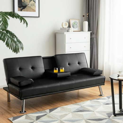Convertible Folding Leather Futon Sofa With Cup Holders And Armrests Color: White