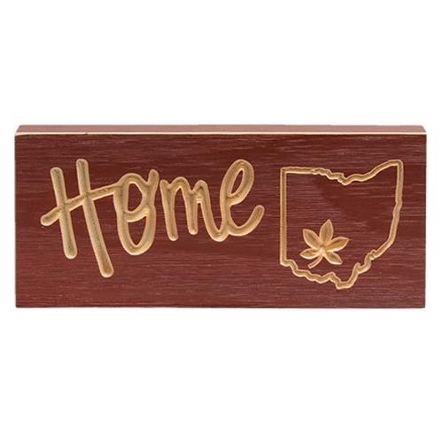 Engraved Home Block W/Ohio & Buckeye Leaf, Barn Red