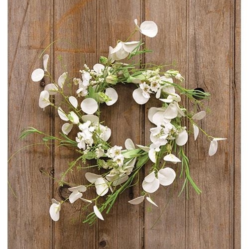 White Wild Flowers And Silver Dollar Wreath, 14"