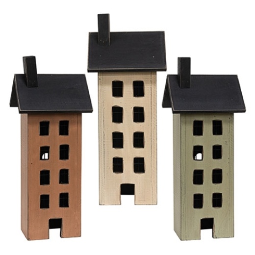 Distressed Wooden Primitive Saltbox House - 17.5"H - 3 Asstd