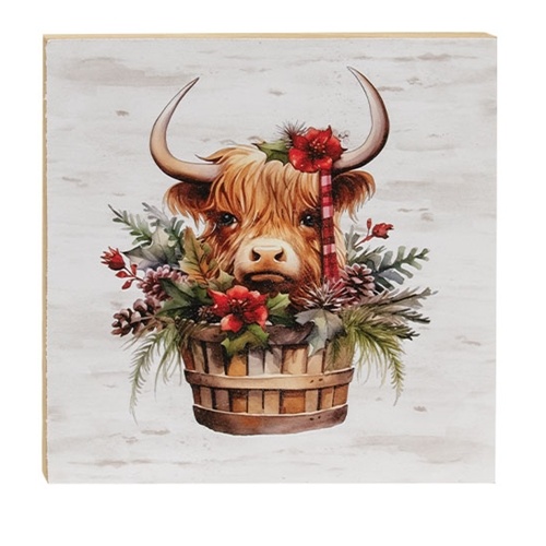 Baby Highland In Christmas Basket 6" Square Block