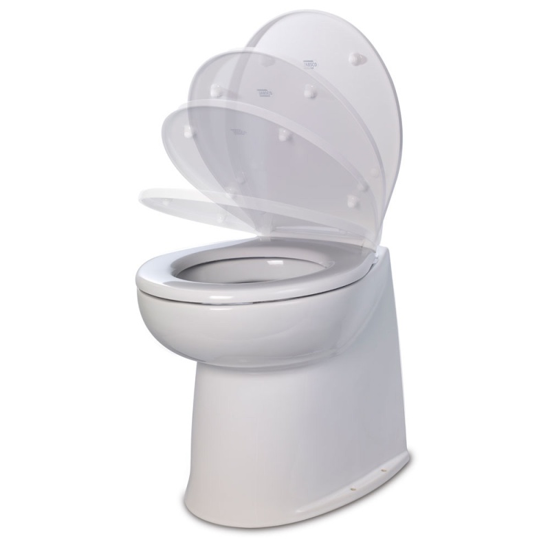 Jabsco Deluxe Flush 14" Straight Back 12V Raw Water Electric Marine Toilet W/Remote Rinse Pump & Soft Close Lid