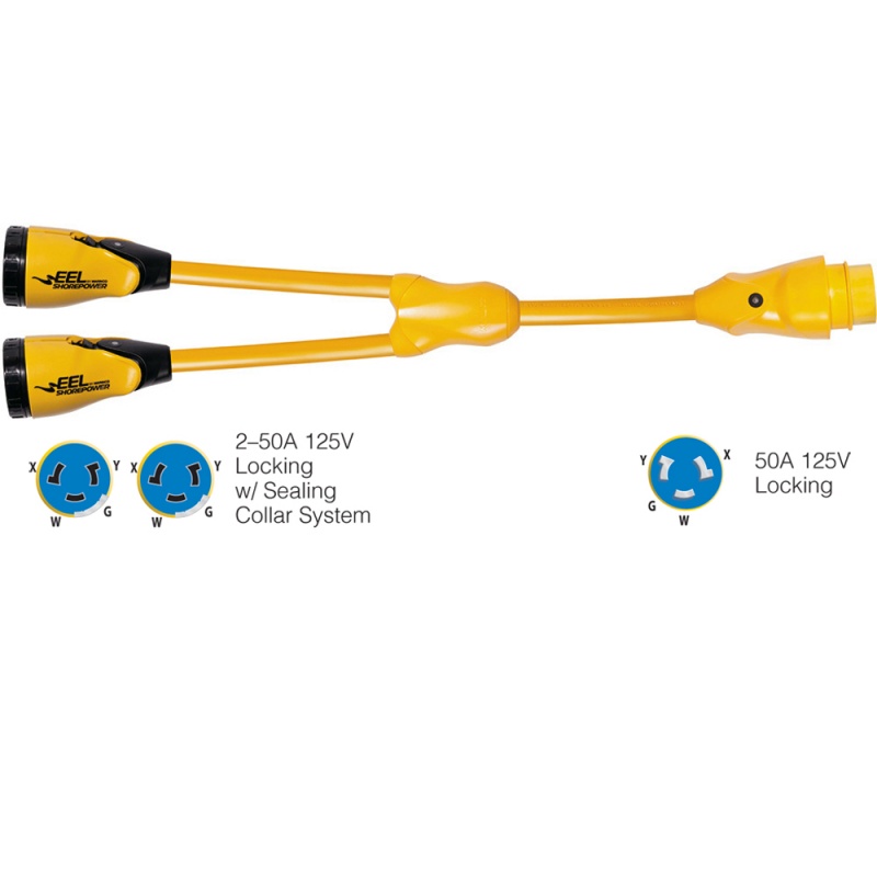 Marinco Y504-2-504 Eel (2)50A-125/250V Female To (1)50A-125/250V Male "Y" Adapter - Yellow