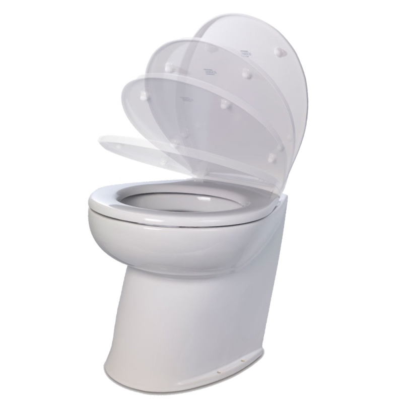 Jabsco Deluxe Flush 17" Angled Back 12V Raw Water Electric Marine Toilet W/Remote Rinse Pump & Soft Close Lid