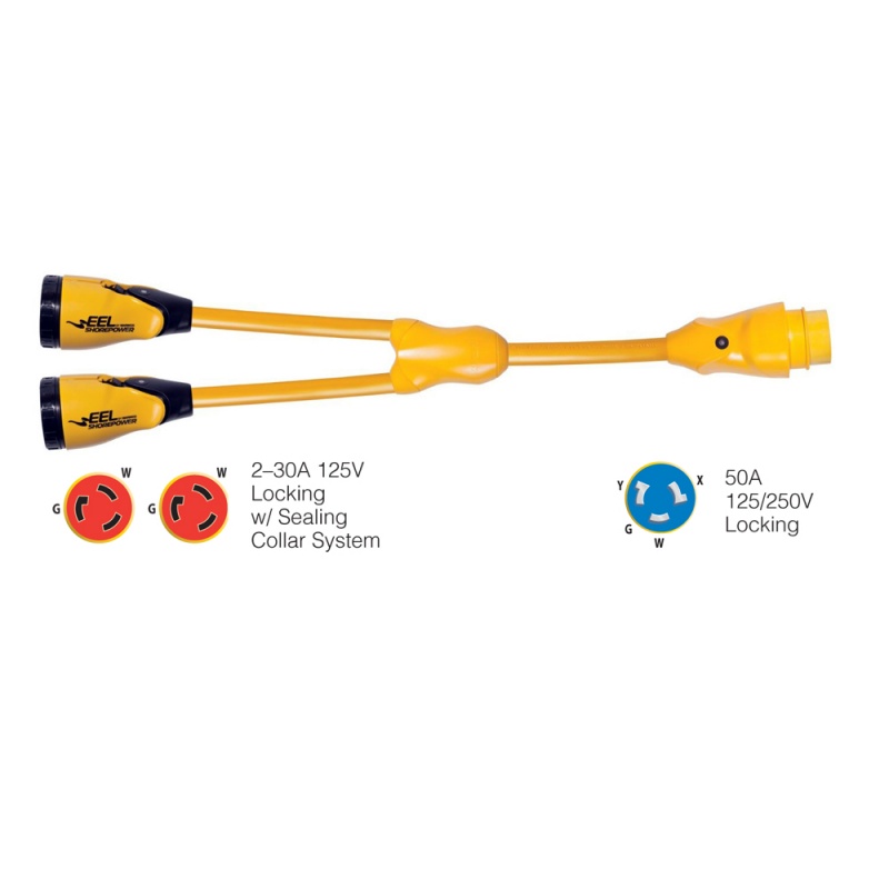 Marinco Y504-2-30 Eel (2)-30A-125V Female To (1)50A-125/250V Male "Y" Adapter - Yellow