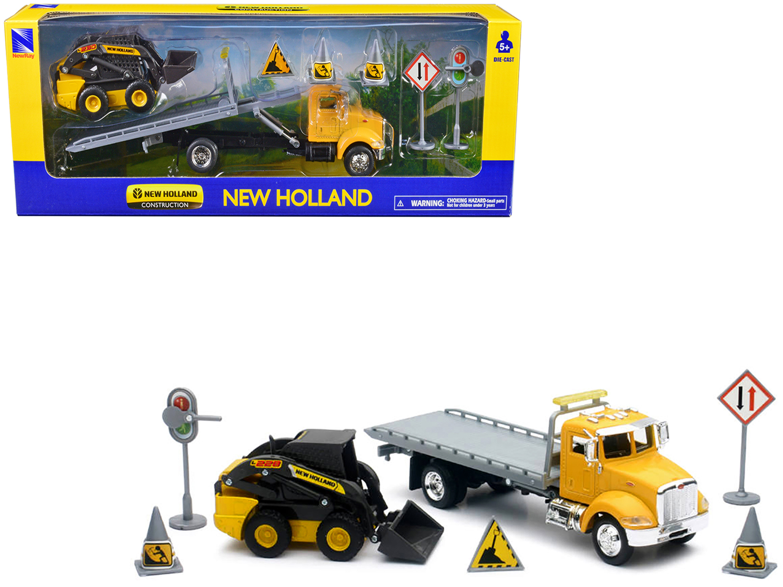 peterbilt-roll-off-flatbed-truck-yellow-and-new-holland-l228-skid-steer