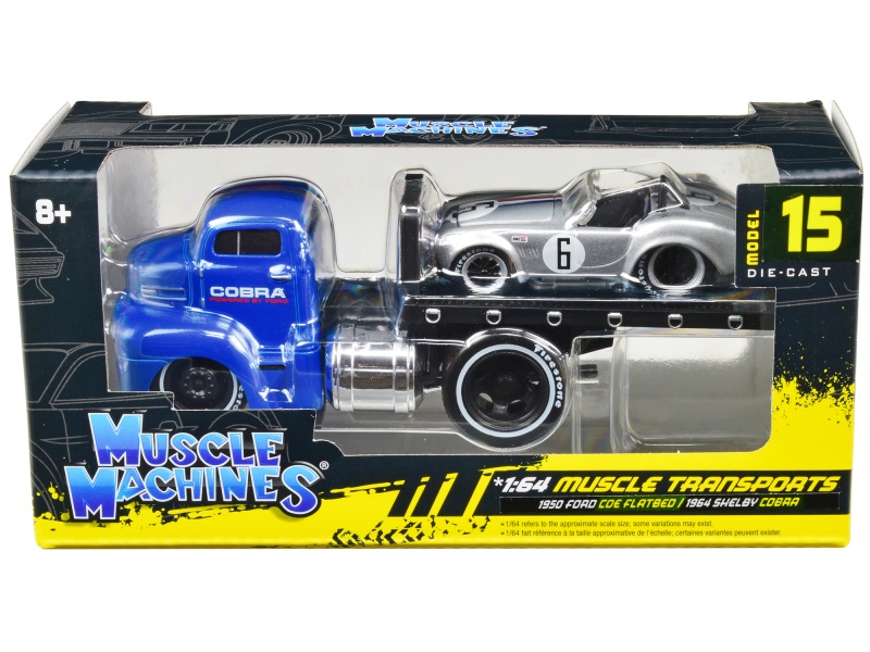 1950 Ford Coe Flatbed Truck Blue "Cobra Powered By Ford" And 1964 Shelby Cobra #6 Silver Metallic With Stripes "Muscle Transports" Series 1/64 Diecast Model Cars By Muscle Machines