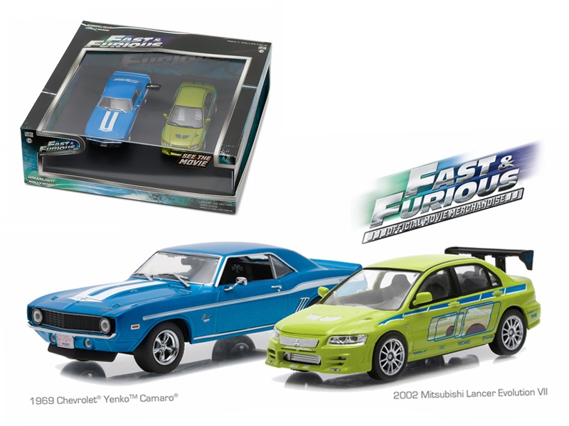 1969 Chevrolet Yenko Camaro Blue And 2002 Mitsubishi Lancer Evolution Vii Green (Drag Scene) "2 Fast And 2 Furious" (2003) Movie Diorama Set Of 2 Pieces 1/43 Diecast Model Cars By Greenlight
