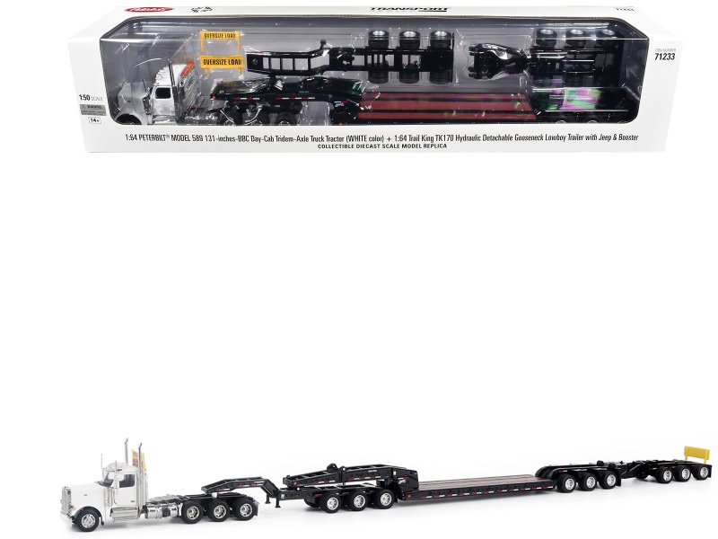 Peterbilt 589 Tridem-Axle Truck Tractor With Day Cab And Trail King Tk170 Hydraulic Detachable Gooseneck Lowboy Trailer With Jeep And Booster White "Transport Series" 1/64 Diecast Model By Diecast Masters