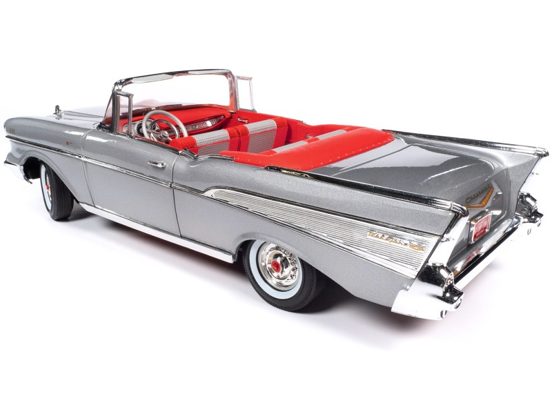 1957 Chevrolet Bel Air Convertible Inca Silver Metallic With Red And Silver Interior 1/18 Diecast Model Car By Auto World