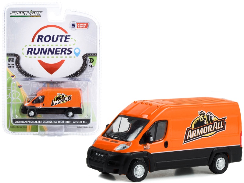 2020 Ram Promaster 2500 Cargo High Roof Van "Armor All" Orange And Black "Route Runners" Series 5 1/64 Diecast Model Car By Greenlight