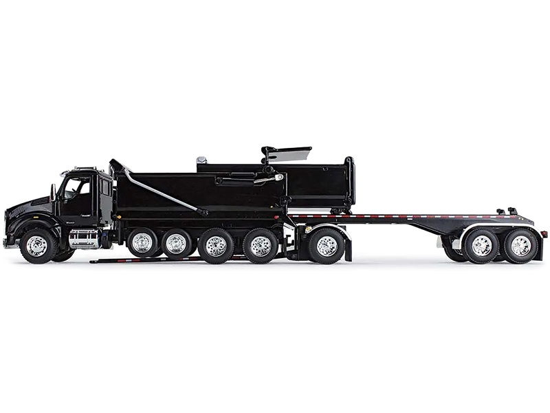 Kenworth T880 Quad-Axle Dump Truck And Rogue Transfer Tandem-Axle Dump Trailer Black 1/64 Diecast Model By Dcp/First Gear