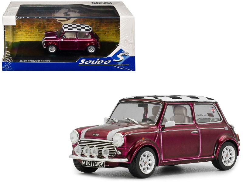 1997 Mini Cooper Sport Purple Metallic With White Stripes And Checkered Top 1/43 Diecast Model Car By Solido