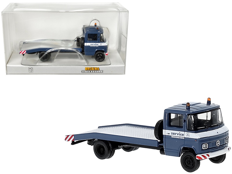 1968 Mercedes-Benz L 608 D Flatbed Truck Blue With White Stripes 'Mercedes-Benz Service' 1/87 (Ho) Scale Model Car by Brekina