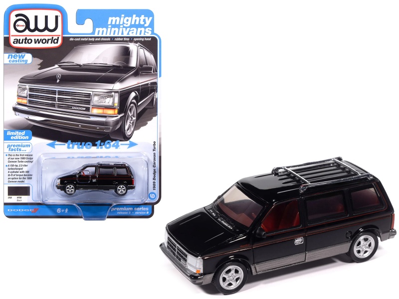 1989 Dodge Caravan Turbo Van Black With Red Stripes And Interior "Mighty Minivans" Series 1/64 Diecast Model Car By Auto World