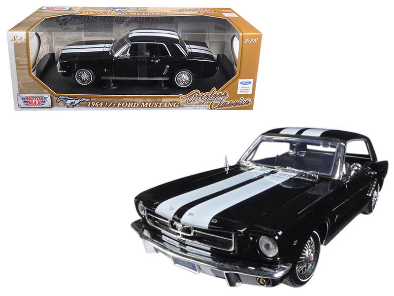 1964 1/2 Ford Mustang Hard Top Black With White Stripes 1/18 Diecast Model Car By Motormax