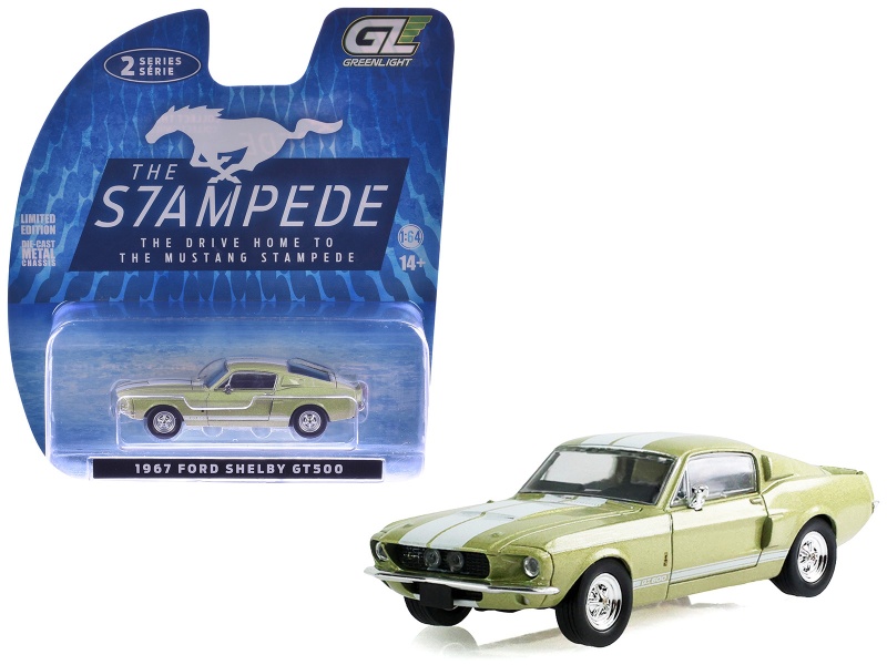 1967 Ford Shelby Gt500 Lime Gold Metallic With White Stripes "Stampede" Series 2 1/64 Diecast Model Car By Greenlight