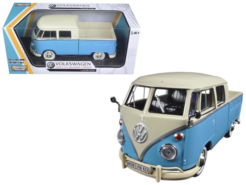 Volkswagen Type 2 (T1) Double Cab Pickup Truck Light Blue And Cream 1/24 Diecast Model Car By Motormax
