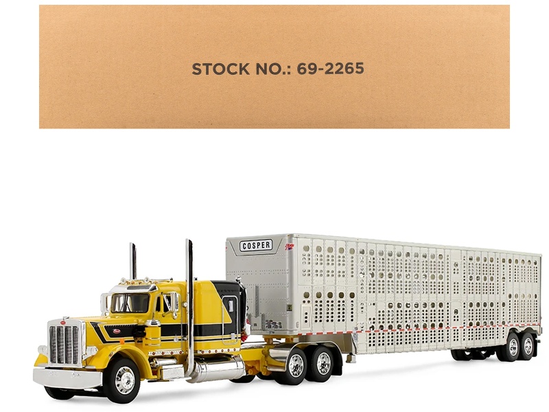 Peterbilt 359 With 63" Flat Top Sleeper & Wilson Silverstar Livestock Trailer "Red's Favorites - Hank Cosper" Yellow With Black Stripes 1/64 Diecast Model By Dcp/First Gear