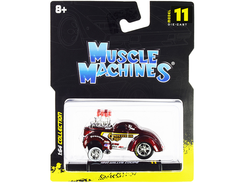 1941 Willys Coupe Gasser "Competition Cams" Red Metallic And White 1/64 Diecast Model Car By Muscle Machines