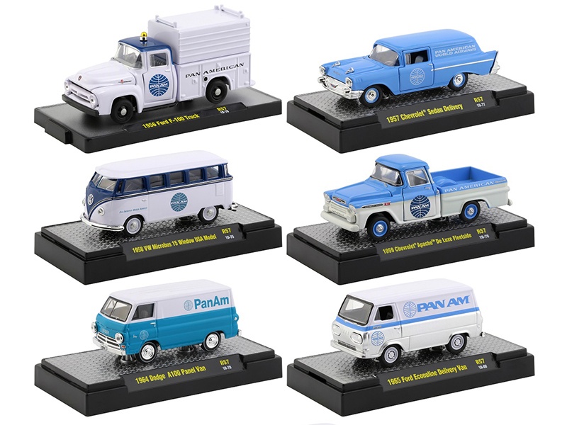 "Auto Trucks" Set Of 6 Pieces Release 57 "Pan American World Airways" (Pan Am) In Display Cases 1/64 Diecast Model Cars By M2 Machines