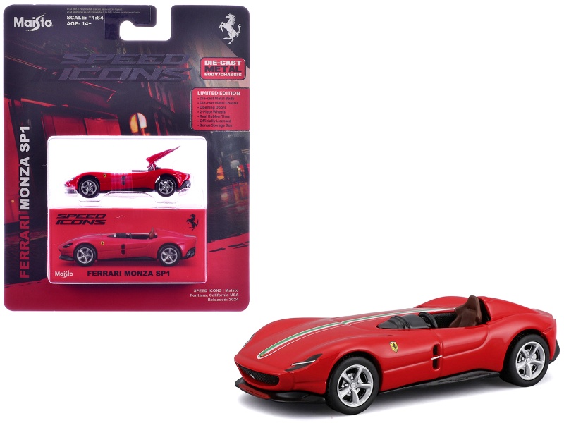 Ferrari Monza Sp1 Red With Italian Flag Stripes "Speed Icons" Series 1/64 Diecast Model Car By Maisto