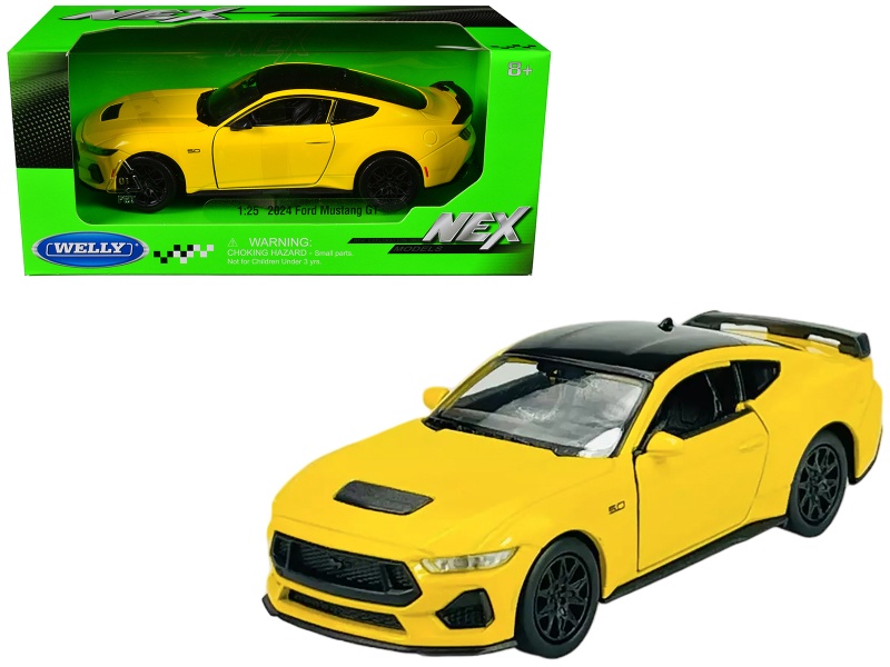2024 Ford Mustang Gt 5.0 Yellow With Black Top "Nex Models" Series 1/25 Diecast Model Car By Welly