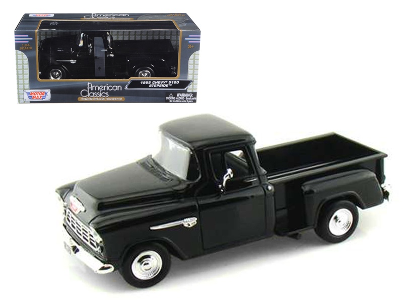 1955 Chevrolet 5100 Stepside Pickup Truck Black 1/24 Diecast Car Model By Motormax