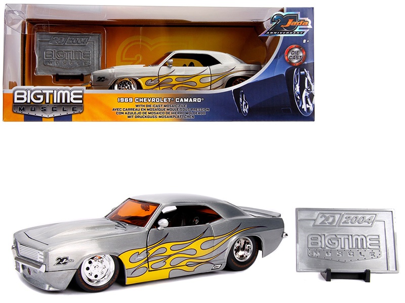 1969 Chevrolet Camaro Raw Metal With Yellow Flames "Bigtime Muscle" "Jada 20Th Anniversary" 1/24 Diecast Model Car By Jada