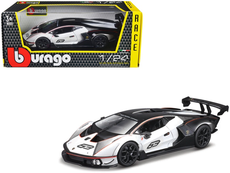 Lamborghini Essenza Scv12 #63 White And Black 'Squadra Corse' 'Race' Series 1/24 Diecast Model Car By Bburago