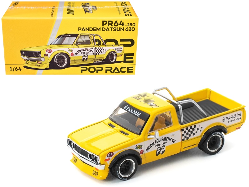 Datsun Pandem 620 Pickup Truck "Mooneyes" Yellow With White Sides And Graphics 1/64 Diecast Model Car By Pop Race
