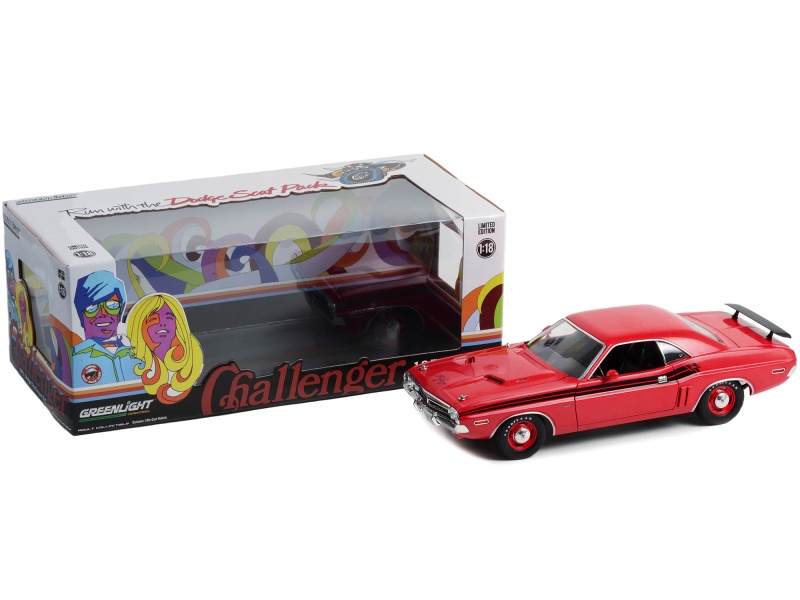 1971 Dodge Challenger R/T Bright Red With Black Stripes 1/18 Diecast Model Car By Greenlight