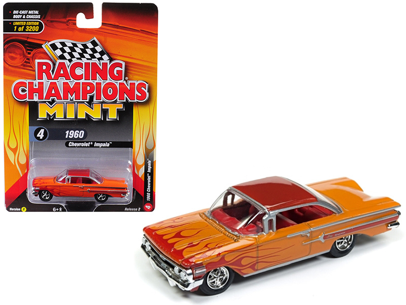 1960 Chevrolet Impala Orange With Red Flames Limited Edition To 3,200 Pieces Worldwide 1/64 Diecast Model Car By Racing Champions