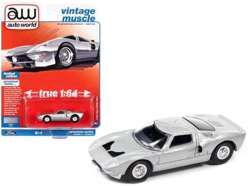 1965 Ford Gt40 Mk1 Silver Metallic "Vintage Muscle" Limited Edition 1/64 Diecast Model Car By Auto World