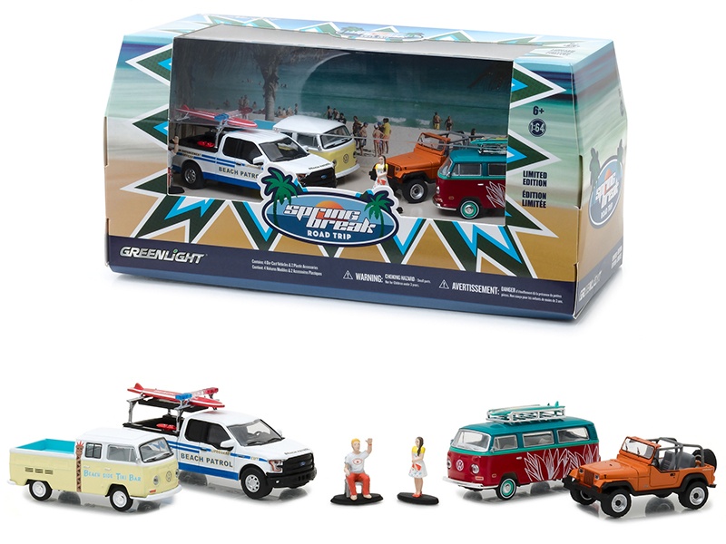 Spring Break Road Trip 6 Pieces Set Multi Car Diorama With Figurines 1/64 Diecast Model Cars By Greenlight