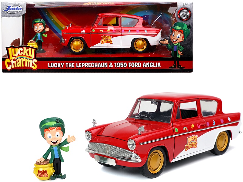 1959 Ford Anglia Red And White With Lucky The Leprechaun Diecast Figurine "Lucky Charms" 1/24 Diecast Model Car By Jada