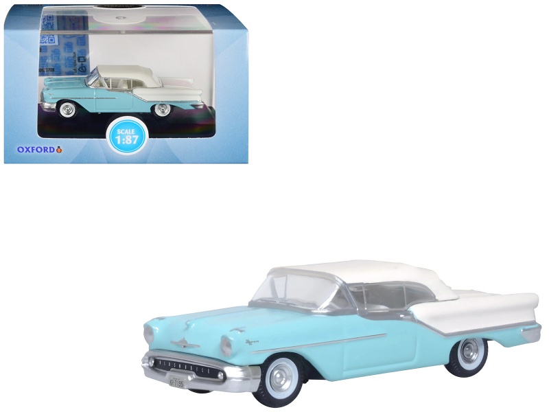 1957 Oldsmobile 88 Convertible (Top-Up) Banff Blue And Alcan White With White 1/87 (Ho) Scale Diecast Model Car By Oxford Diecast
