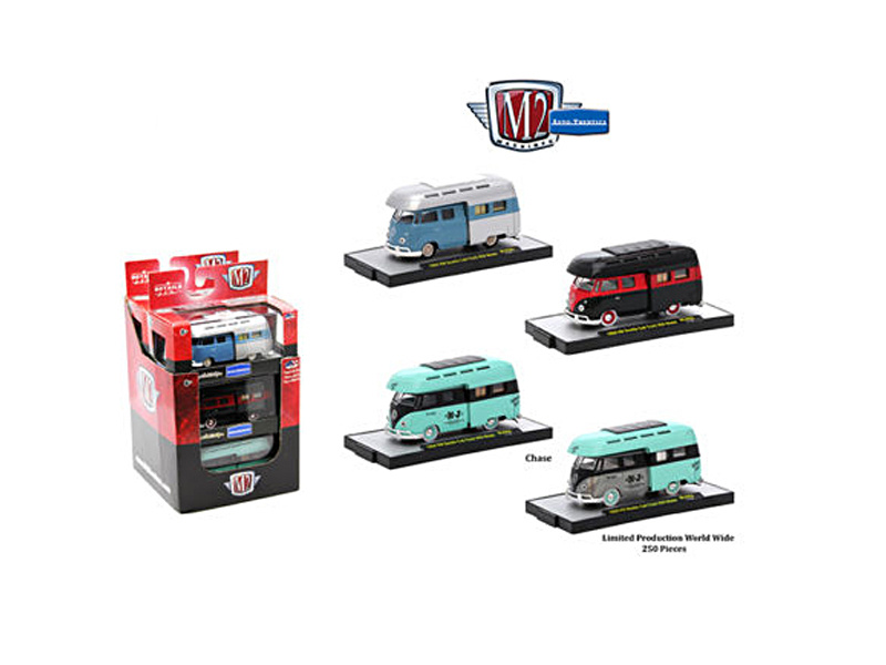 Auto Thentics 3 Cars Set Of 1959 Volkswagen Double Cab Truck With Campers In Plastic Cases 1/64 Diecast Model Cars By M2 Machines